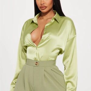 Fashion Nova Ariel Satin Shirt - GREEN